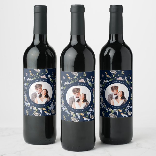 Navy Spring Wildflower Meadow Garden Wedding Wine Label (Bottles)
