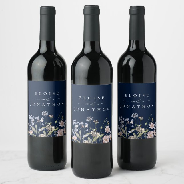 Navy Spring Wildflower Meadow Garden Wedding  Wine Label (Bottles)