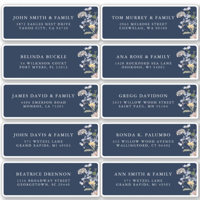 Navy Spring Wildflower Meadow Guest Name Address Sticker (Front)