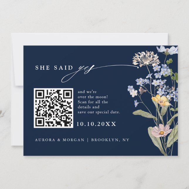 Navy Spring Wildflower Meadow Photo QR code    Save The Date (Front)