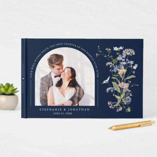 Navy Spring Wildflower Meadow Wedding Photo    Guest Book