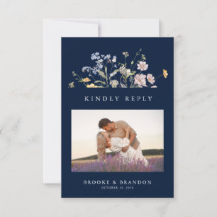 Navy Spring Wildflower Meadow Wedding QR Code RSVP Card