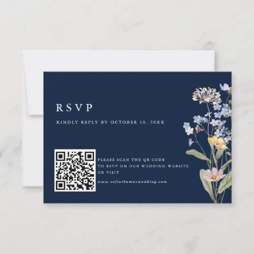 Navy Spring Wildflower Meadow Wedding QR Code RSVP Card