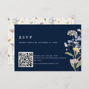 Navy Spring Wildflower Meadow Wedding QR Code RSVP Card