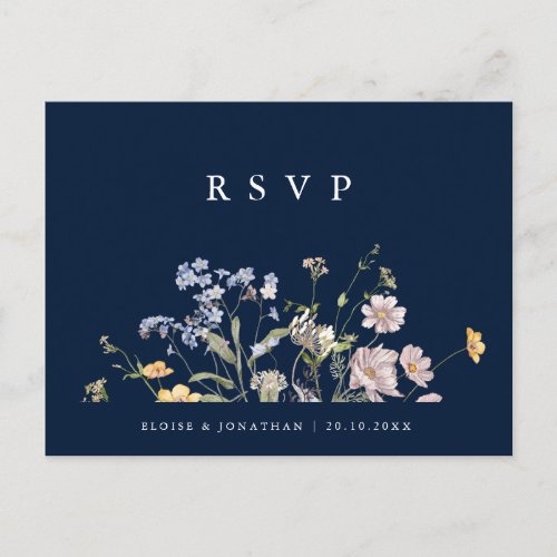 Navy Spring Wildflower Meadow Wedding RSVP Postcard