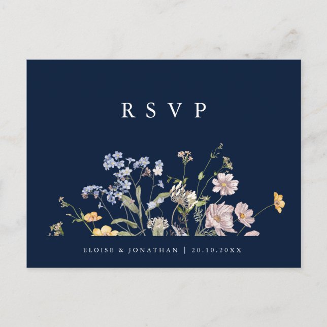 Navy Spring Wildflower Meadow Wedding RSVP Postcard (Front)