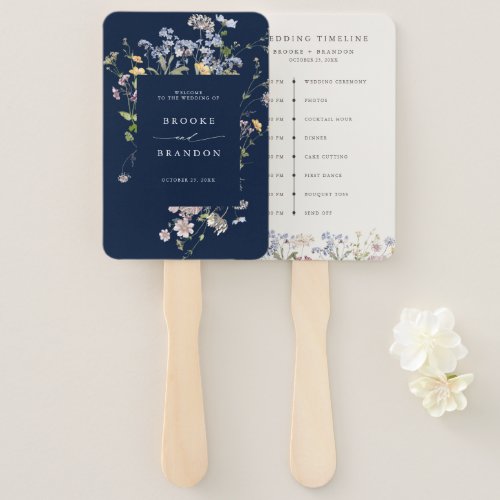 Navy Spring Wildflower Meadow wedding Timeline Hand Fan