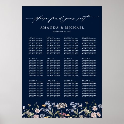 Navy Spring Wildflower  Wedding Seating Chart