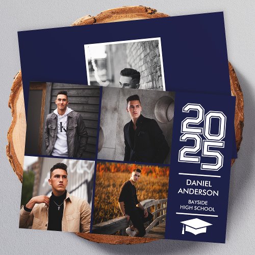 Navy Square Photo Modern Varsity Grad Announcement