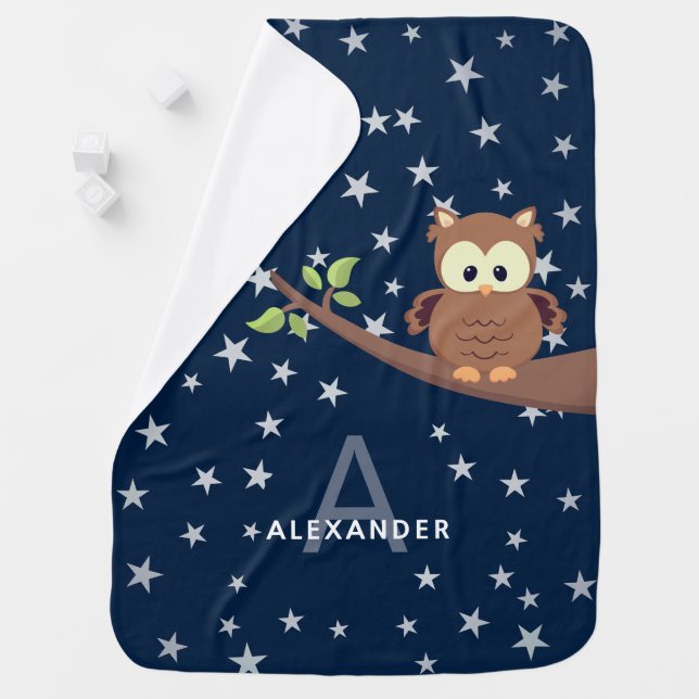Navy Star Pattern Cute Owl Custom Name Monogram Baby Blanket (In Situ)