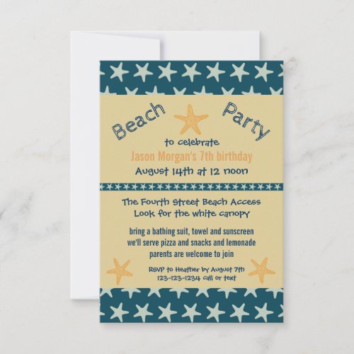 Navy Starfish Beach _ 3x5Birthday Party Invitation
