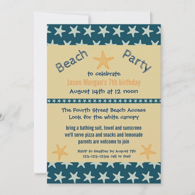 Navy Starfish Beach - Birthday Party Invitation (Front)