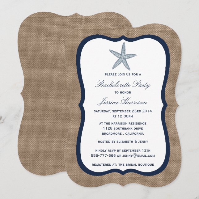 Navy Starfish Beach Burlap Bachelorette Party Invitation (Front/Back)