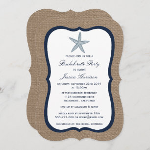 Navy Starfish Beach Burlap Bachelorette Party Invitation