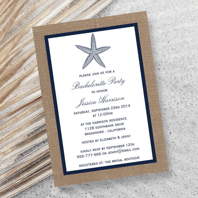 Navy Starfish Beach Burlap Bachelorette Party Invitation (Creator Uploaded)