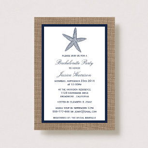 Navy Starfish Beach Burlap Bachelorette Party Invitation