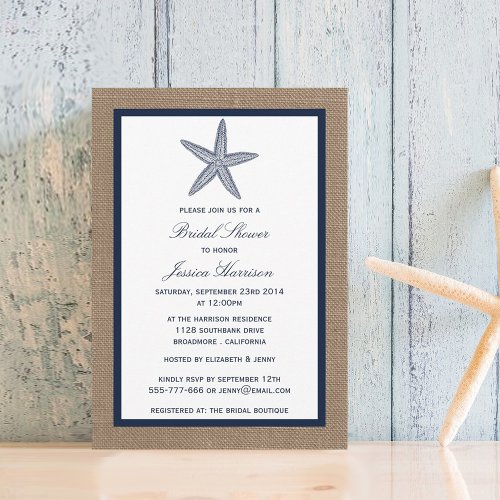 Navy Starfish Beach Burlap Bridal Shower 5x7 Paper Invitation Card
