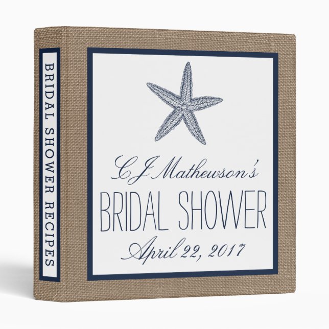 Navy Starfish Beach Burlap Bridal Shower Recipe 3 Ring Binder (Front/Spine)