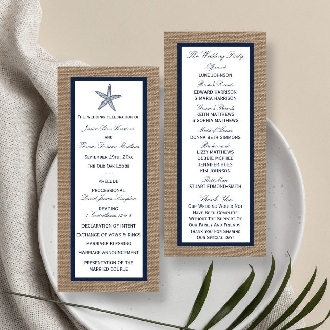Navy Starfish Burlap Beach Wedding Program (Creator Uploaded)