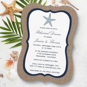 Navy Starfish On Burlap Beach Rehearsal Dinner Invitation