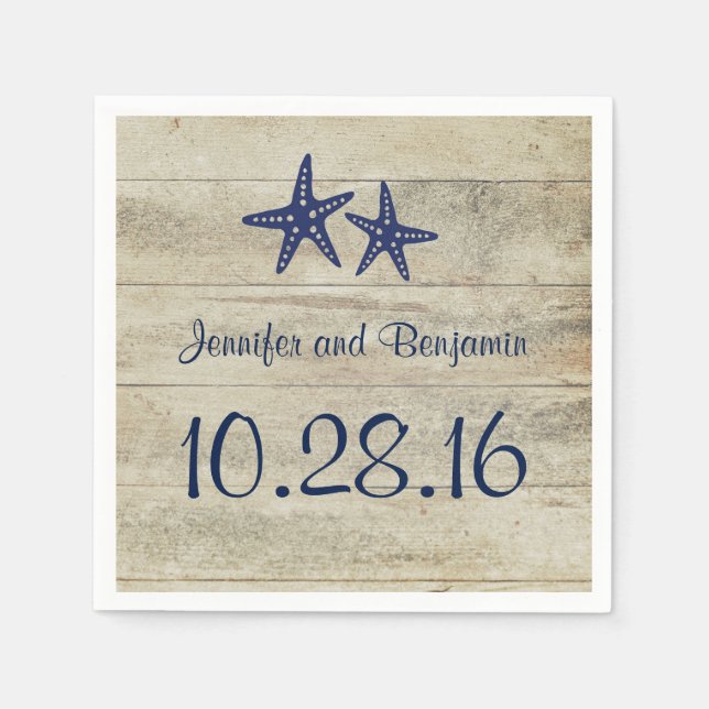 Navy Starfish Rustic Driftwood Beach Wedding Paper Napkins (Front)