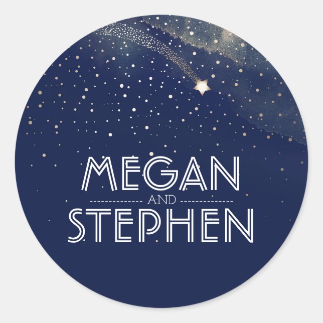 Navy Starry Night Shooting Star Wedding Classic Round Sticker (Front)