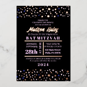 Navy Stars Bar Bat Mitzvah Invitation Gold Inlay Foil Invitation