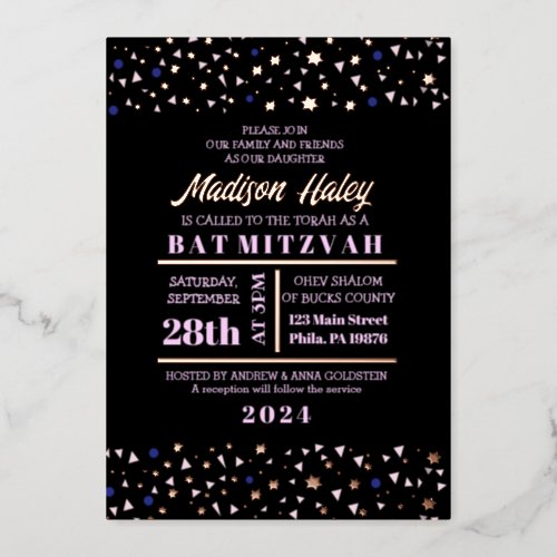Navy Stars Bar Bat Mitzvah Invitation Gold Inlay Foil Invitation