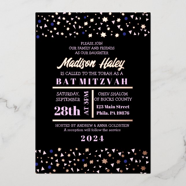 Navy Stars Bar Bat Mitzvah Invitation Gold Inlay Foil Invitation (Front)