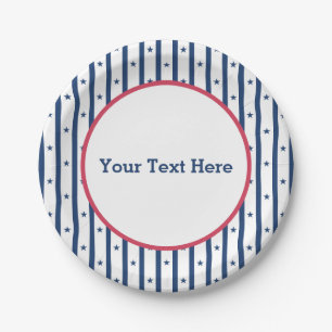 Navy Stars Stripes Red Border, American, Patriotic Paper Plates