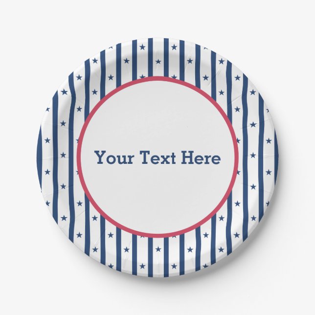 Navy Stars Stripes Red Border, American, Patriotic Paper Plates (Front)
