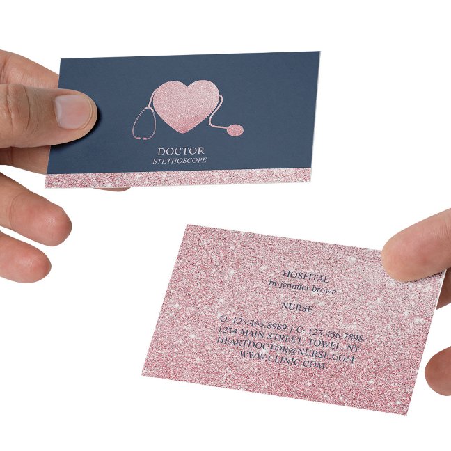 Navy Stethoscope Sparkling Heart Health Business Card