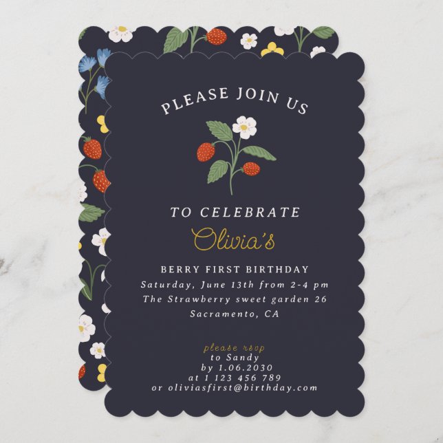 Navy Strawberry first birthday Invitation (Front/Back)