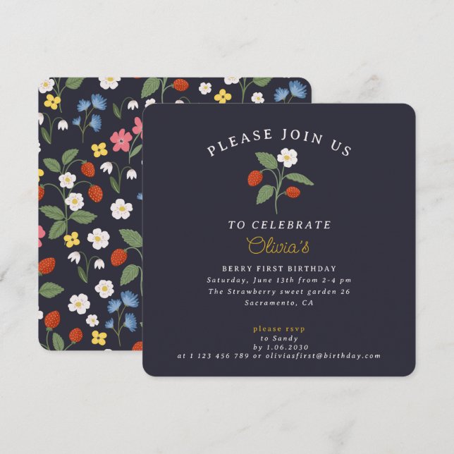 Navy Strawberry first birthday Invitation (Front/Back)