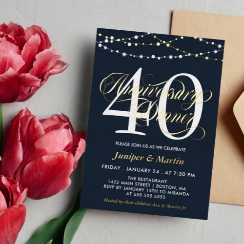 Navy String Lights 40th Wedding Anniversary Dinner Foil Invitation