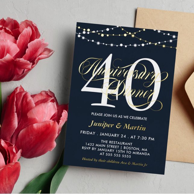 Navy String Lights 40th Wedding Anniversary Dinner Foil Invitation (Creator Uploaded)