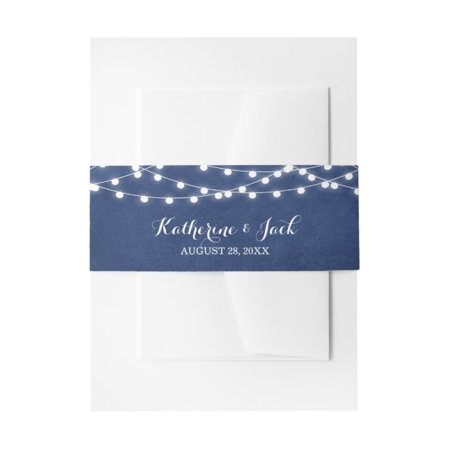 Navy String Lights Wedding Invitation Belly Band (Front Example)