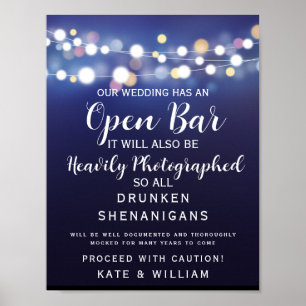 Navy String of lights Open Bar wedding sign