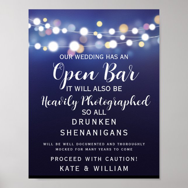 Navy String of lights Open Bar wedding sign (Front)
