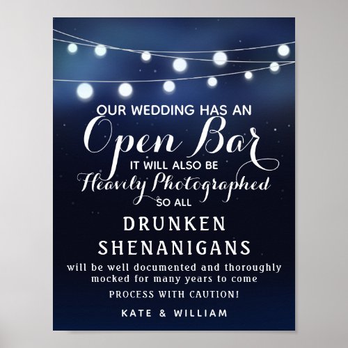 Navy String of lights Open Bar wedding sign