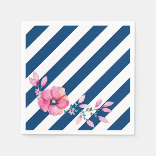 Navy Stripe and Pink Floral Napkin