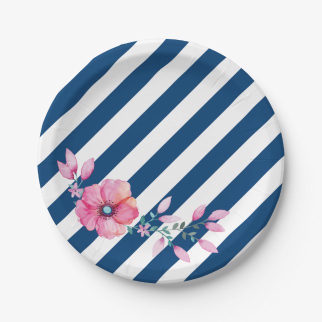 Navy Stripe and Pink Floral Paper Plate (Front)