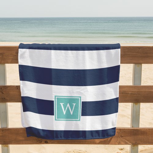 Navy Stripe  Aqua Monogram Beach Towel