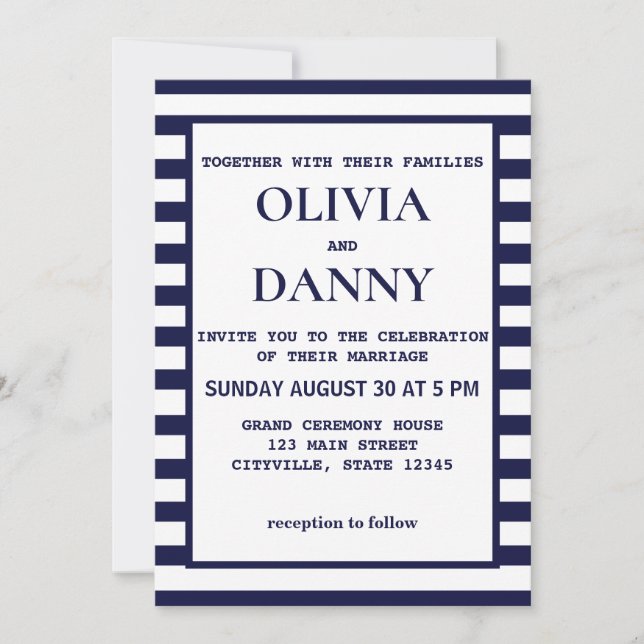 Navy Stripe Beach Wedding Invitation (Front)