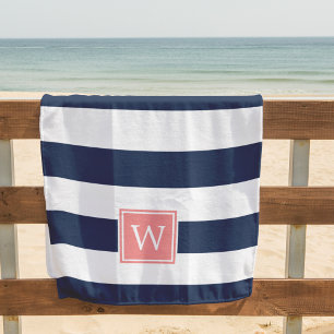 Navy Stripe & Coral Monogram Beach Towel