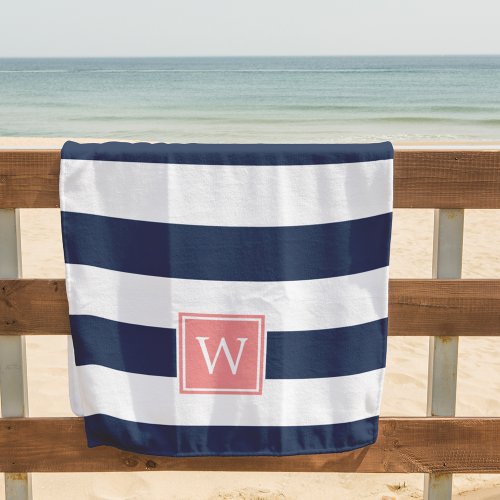 Navy Stripe  Coral Monogram Beach Towel