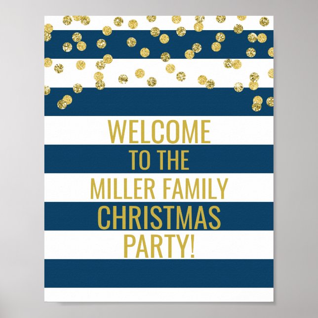 Navy Stripe Gold Confetti Welcome Christmas Party Poster (Front)