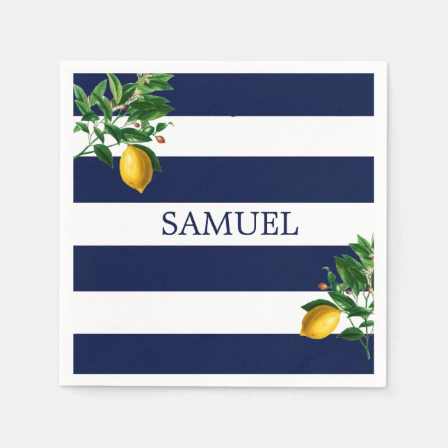 Navy Stripe Lemons Chic Napkins (Front)