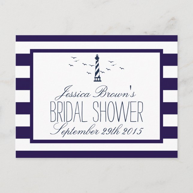 Navy Stripe Lighthouse Bridal Shower Recipe Cards (Front)