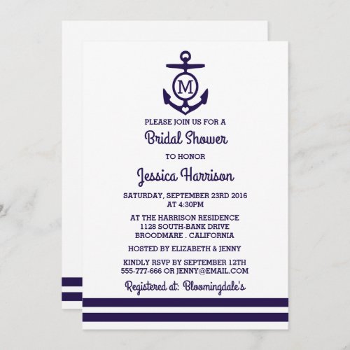 Navy Stripe Monogram Anchor Nautical Bridal Shower Invitation